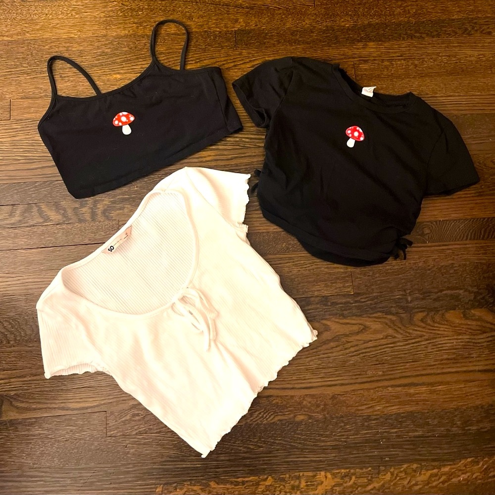 Lot of 3 girls cropped tops. Matching mushroom tops 11-12yrs, SO white top XS.